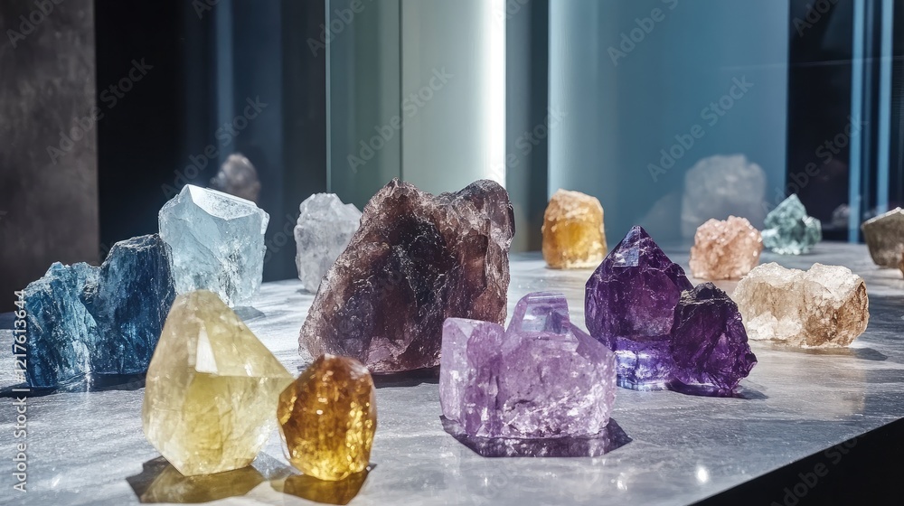 Poster colorful collection of various gemstones and crystals displayed on a reflective surface in a modern 