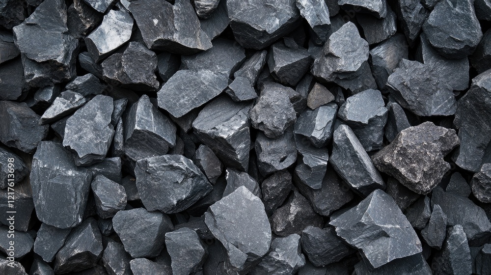 Poster texture of dark gray crushed stone rocks in a natural surface pattern with rough edges and irregular