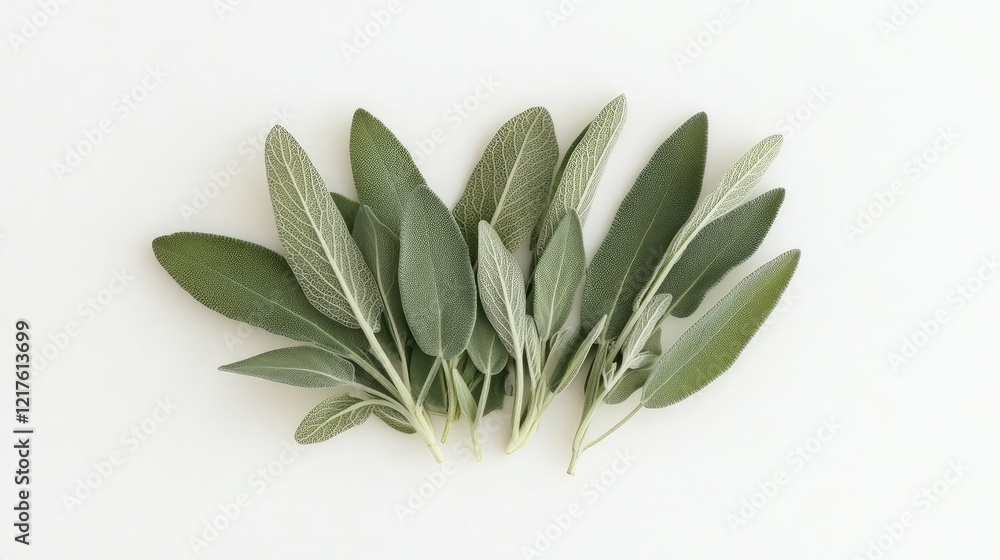 Poster fresh sage leaves arranged on a white background with ample copy space for text placement.