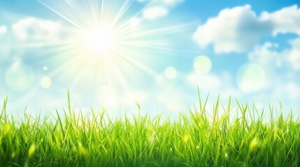Obraz premium Bright sunny day over lush green grass against a vibrant blue sky with soft clouds and sunlight rays Copy Space
