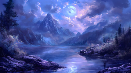 Naklejka premium Mystical moonlit river gorge landscape in shades of purple and blue. Moonlit Ridge. Illustration