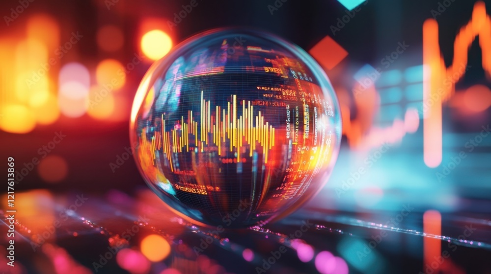 Aufkleber crystal ball displays stock market charts and data. reflecting market trends and analysis with a col