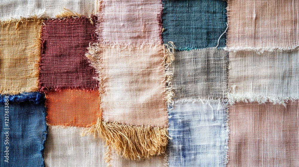 Poster colorful textured fabric swatches in various shades and patterns arranged in a patchwork style with 