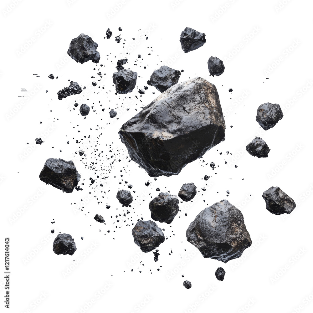 Poster asteroids scattered across a transparent background with a transparent hue highlighting their textur