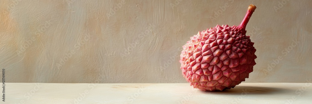 Poster plump single lychee with textured pink shell resting on surface