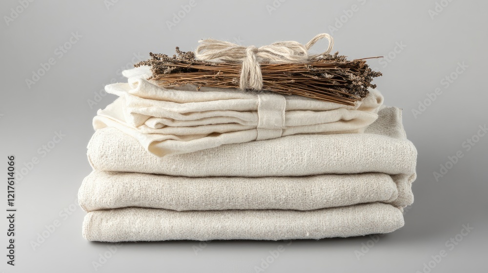 Poster stack of neatly folded neutral linen towels tied with dried herbs on a light grey background with am