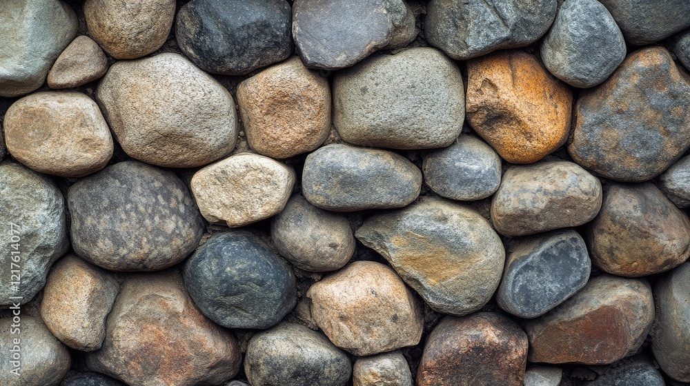 Poster textured background of rounded stones in various colors and sizes arranged in a wall formation with 