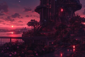 Futuristic Cityscape Sunset Tower Garden View