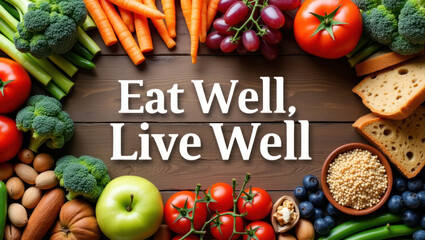 Colorful arrangement of fresh vegetables and grains with a motivational quote on a wooden background