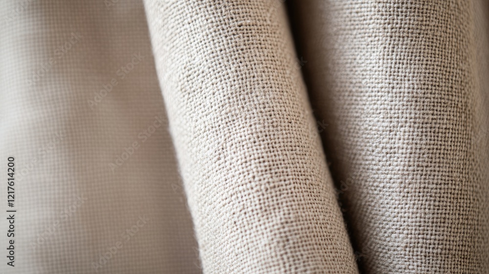 Poster textured close-up of natural beige linen fabric with soft folds and visible weave pattern providing 