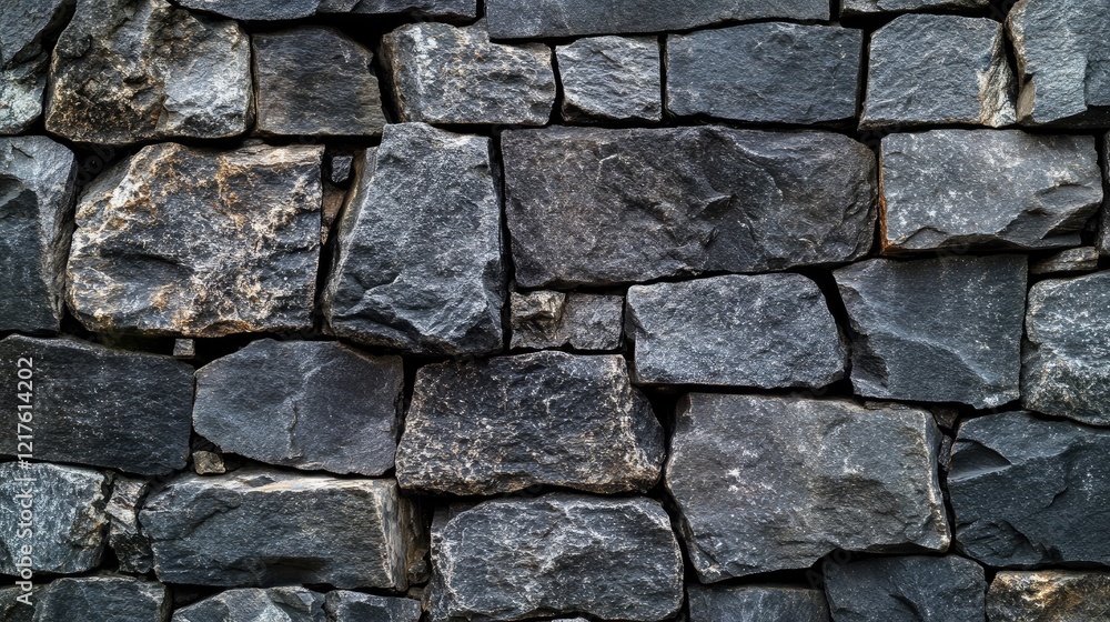 Poster textured stone wall pattern with irregularly shaped dark gray stones arranged in a stacked formation