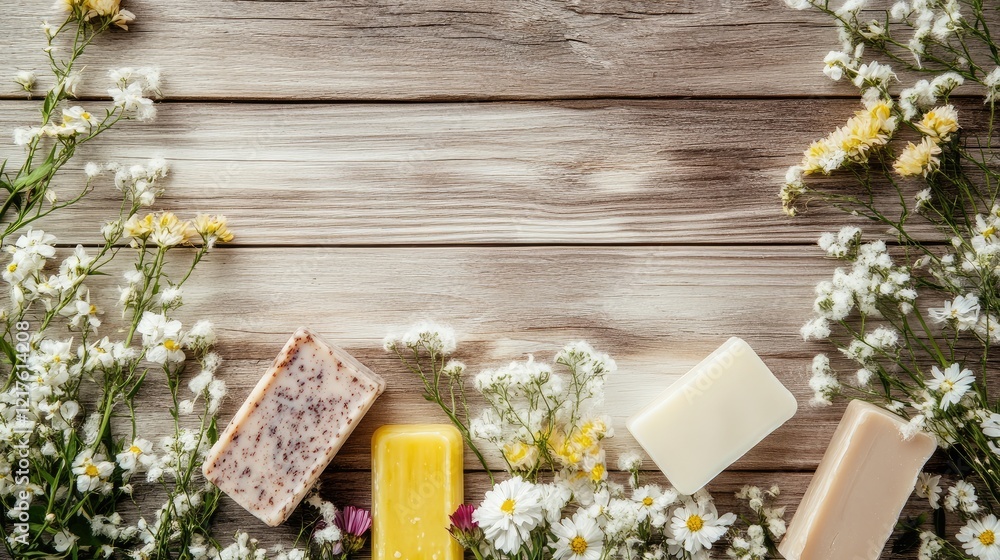 Poster assorted handmade soaps arranged on a wooden surface surrounded by fresh flowers with copy space for