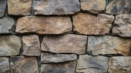 Obraz premium Textured stone wall with irregularly shaped natural stones in various shades of brown and gray creating a sturdy background with Copy Space.