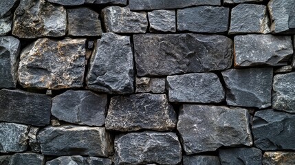 Obraz premium Textured stone wall pattern with irregularly shaped dark gray stones arranged in a stacked formation on a solid background Copy Space