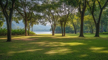 Fototapeta premium Serene landscape with trees and lake in the background featuring soft morning light and lush green grass Copy Space