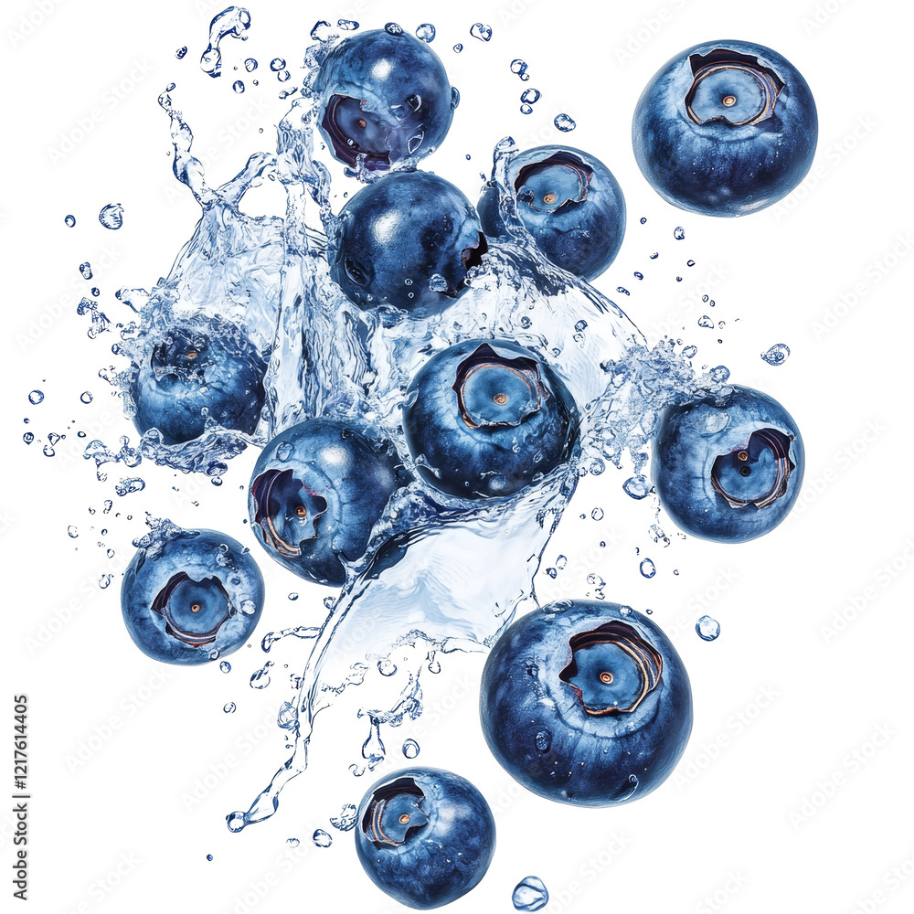 Poster falling blueberries create dynamic water splashes against a transparent background showcasing freshn