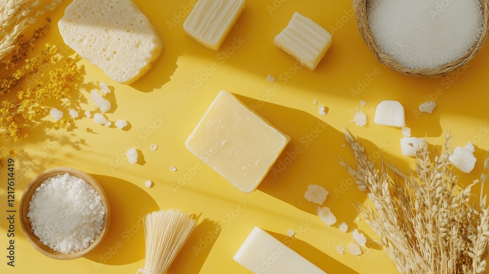 Aufkleber flat lay arrangement of various soaps and natural ingredients on a yellow background with shadows an