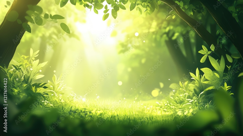 Aufkleber lush green forest path illuminated by soft sunlight with abundant foliage and copy space for text pl