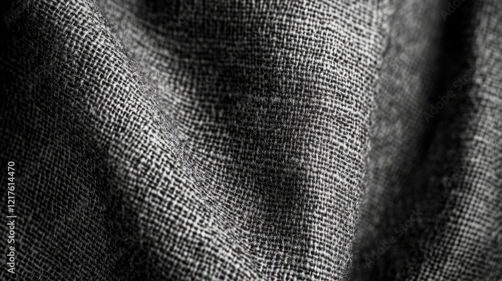 Poster close-up texture of woven gray fabric displaying intricate patterns and folds with copy space for de