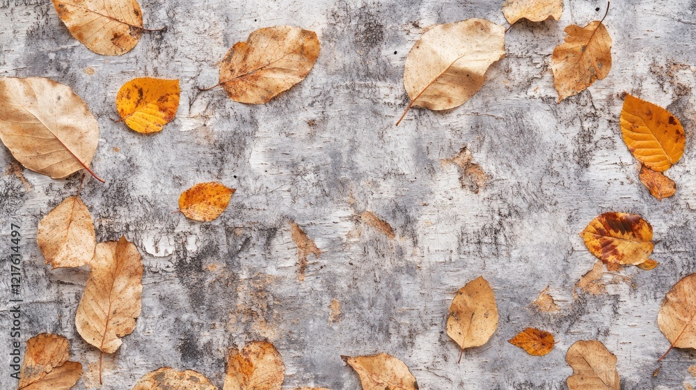 Poster autumn leaves scattered on a textured gray surface with copy space for text placement