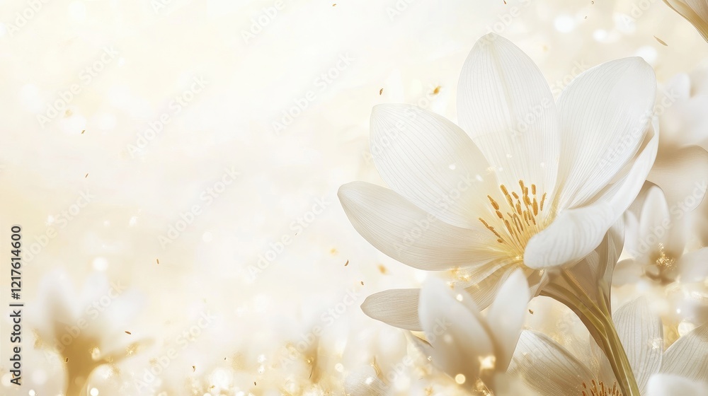 Poster delicate white flowers with soft focus and golden bokeh background ideal for text overlay and design