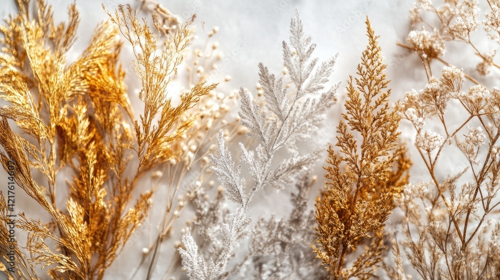 Aufkleber dried golden and white foliage arranged on a light background with copy space for text or design ele