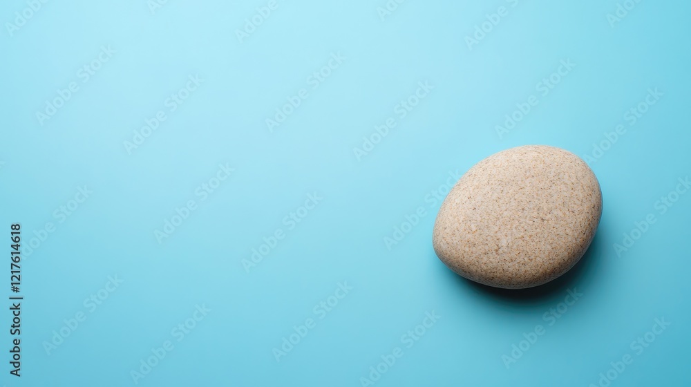 Poster isolated smooth beige pebble on a bright blue background with copy space for text placement