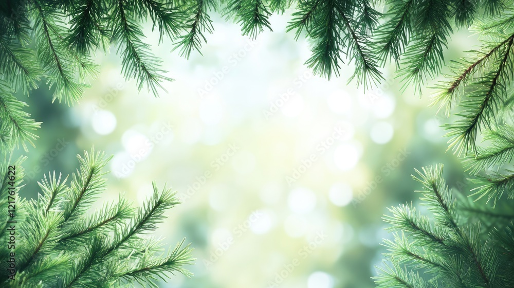 Poster green pine tree branches framing a blurred natural background with bokeh effect and copy space for t