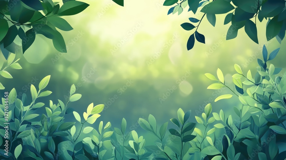 Poster lush green leaves framing a soft blurred background with gentle light bokeh effect and ample copy sp