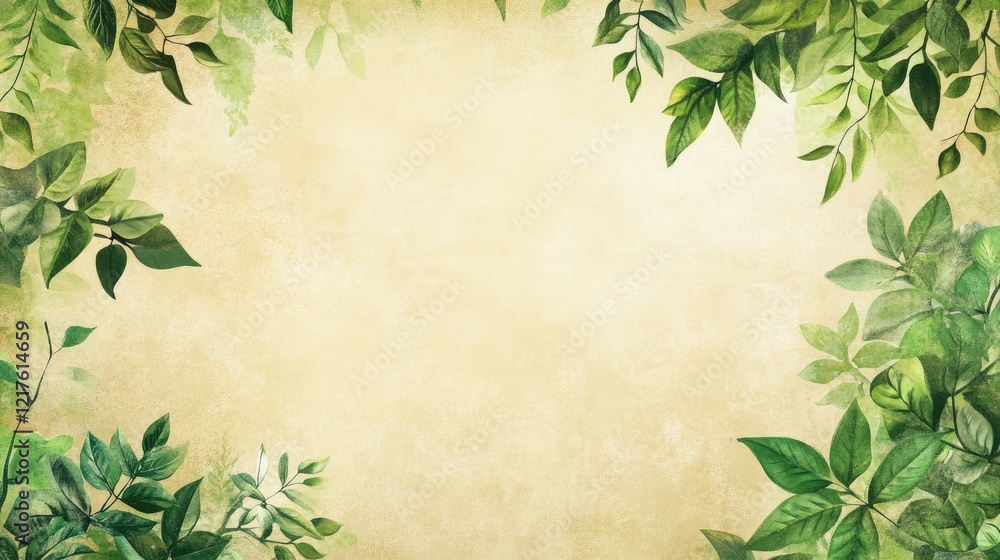 Poster green leafy border frame with vintage textured background and ample copy space for text insertion.