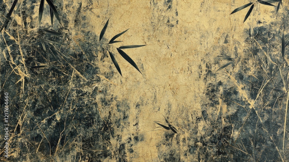 Poster textured abstract background with bamboo leaves and a gold yellow color palette featuring copy space