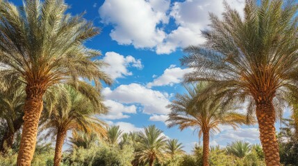 Fototapeta premium Palm trees under blue sky with fluffy white clouds in a lush green landscape Copy Space
