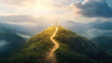 Naklejka premium Scenic mountain landscape with a path leading to a cross at the summit under a dramatic sky and soft sunlight Copy Space
