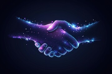 Digital handshake illustration with glowing particles on a dark background. technology and partnership concept clipart.