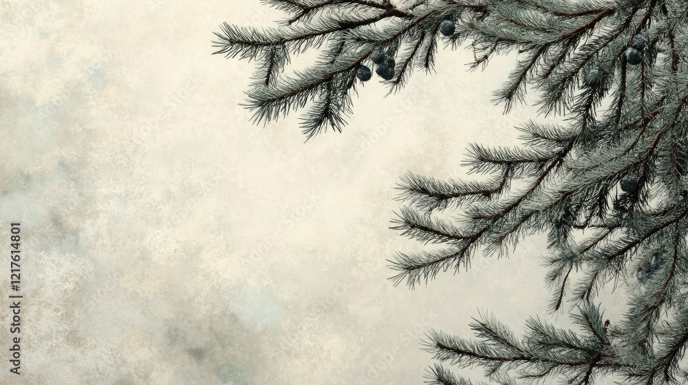 Poster frosted evergreen tree branches with blue berries on textured light background and ample copy space 