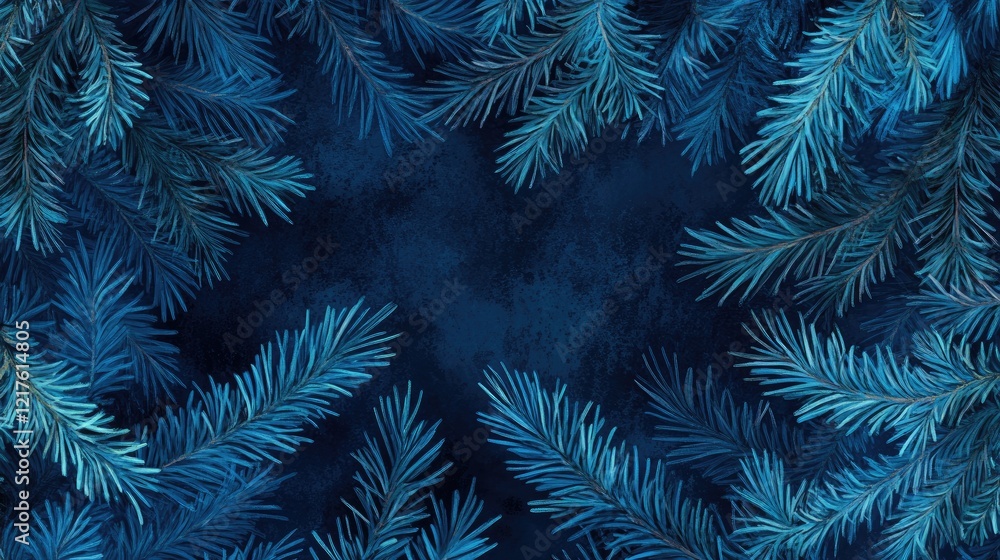 Poster blue evergreen branches on a dark textured background with ample copy space for text insertion.