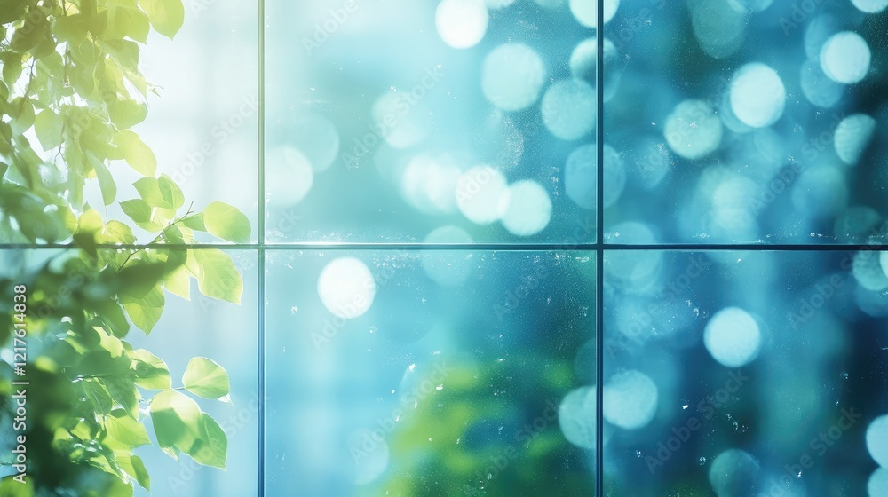 Poster green leaves with bokeh background through glass window creating a tranquil nature scene with copy s