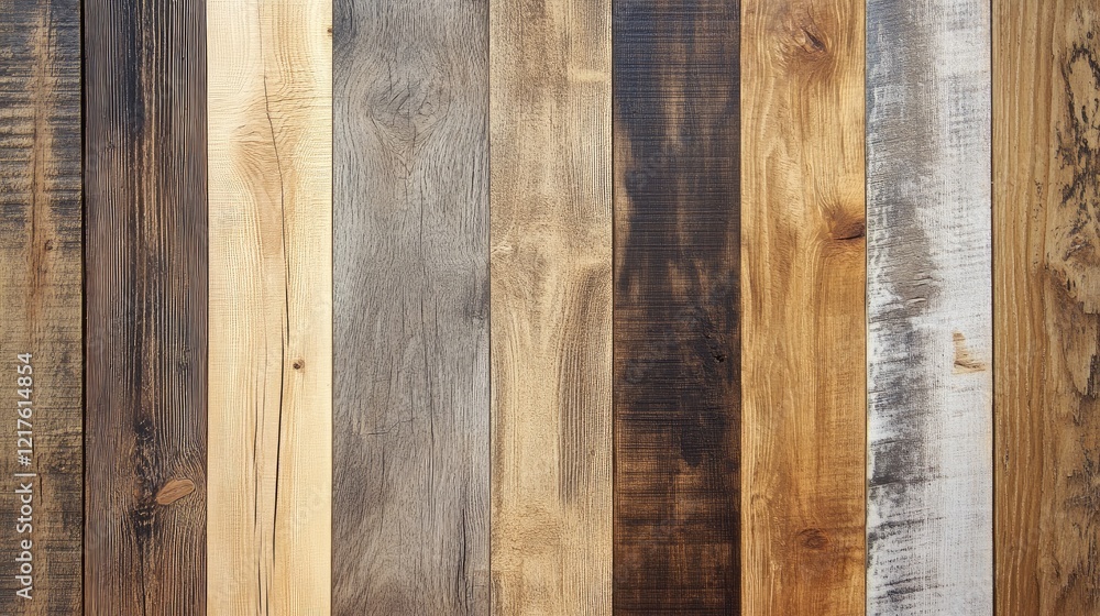 Aufkleber natural wooden planks in various colors and textures arranged vertically with copy space for text.