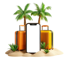 Travel-themed mockup with a blank smartphone surrounded by tropical elements, two bright orange suitcases, palm trees, and sand, isolated on transparent cutout background
