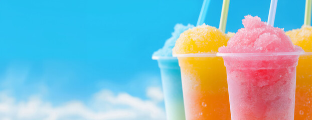 Colorful frozen slush drinks with straws on blue  background. Image for smoothie bar advertising and menu.