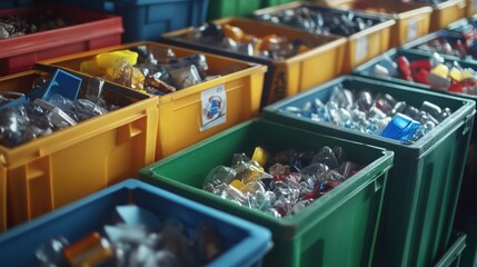 An array of vibrant bins filled with sorted materials like glass metals and plastics with a focus on the crisp labels indicating their intended recycling stream.