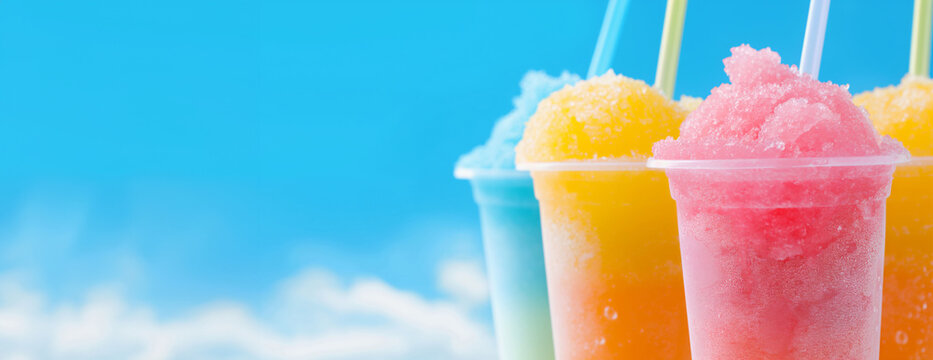 Colorful frozen slush drinks with straws on blue  background. Image for smoothie bar advertising and menu.
