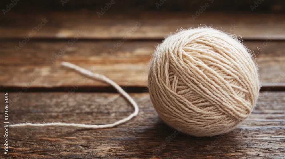Poster white yarn ball on rustic wooden surface with natural lighting and visible texture, featuring ample 