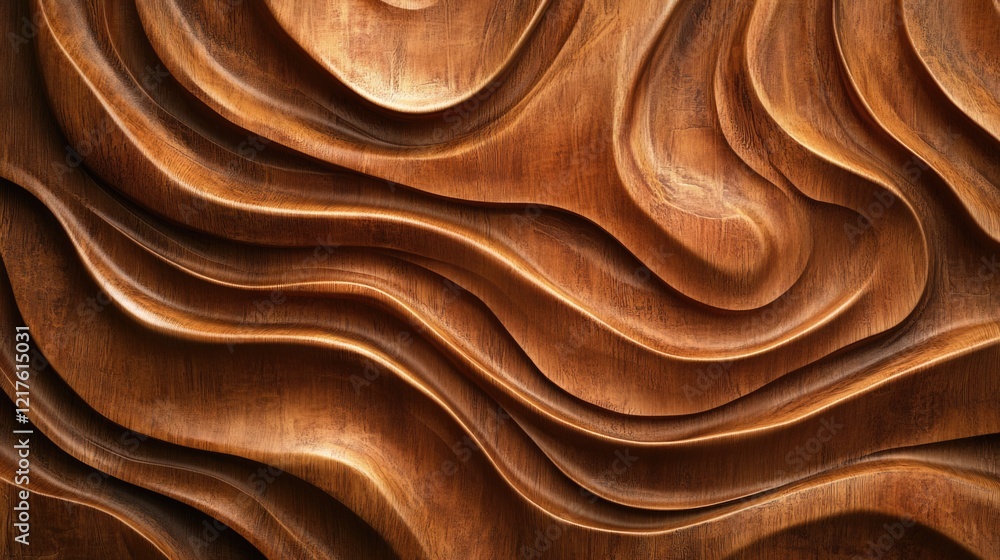 Poster abstract close-up of carved wooden texture with wavy patterns and rich brown tones suitable for back