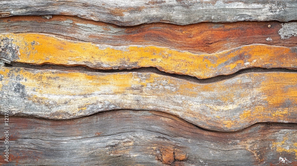 Poster textured wooden surface with weathered gray and orange tones, displaying natural patterns and grains