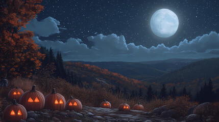 Whimsical halloween pumpkins glowing under a moonlit sky on a spooky autumn night. Moonlit Ridge. Illustration