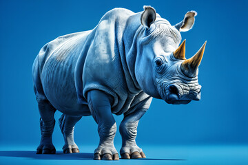 Obraz premium A gray rhinoceros standing against a blue background.