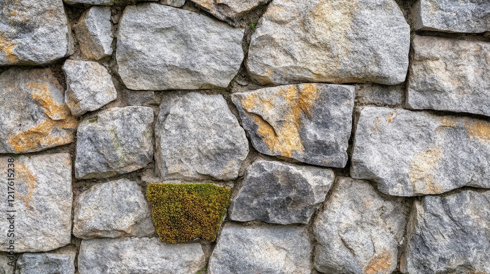 Poster textured stone wall with moss growth, showcasing natural variations in color and pattern, copy space