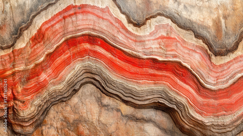 Poster abstract close-up of natural stone texture with red and beige wavy layers providing copy space for d