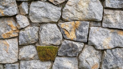 Textured stone wall with moss growth, showcasing natural variations in color and pattern, Copy Space available for text insertion.
